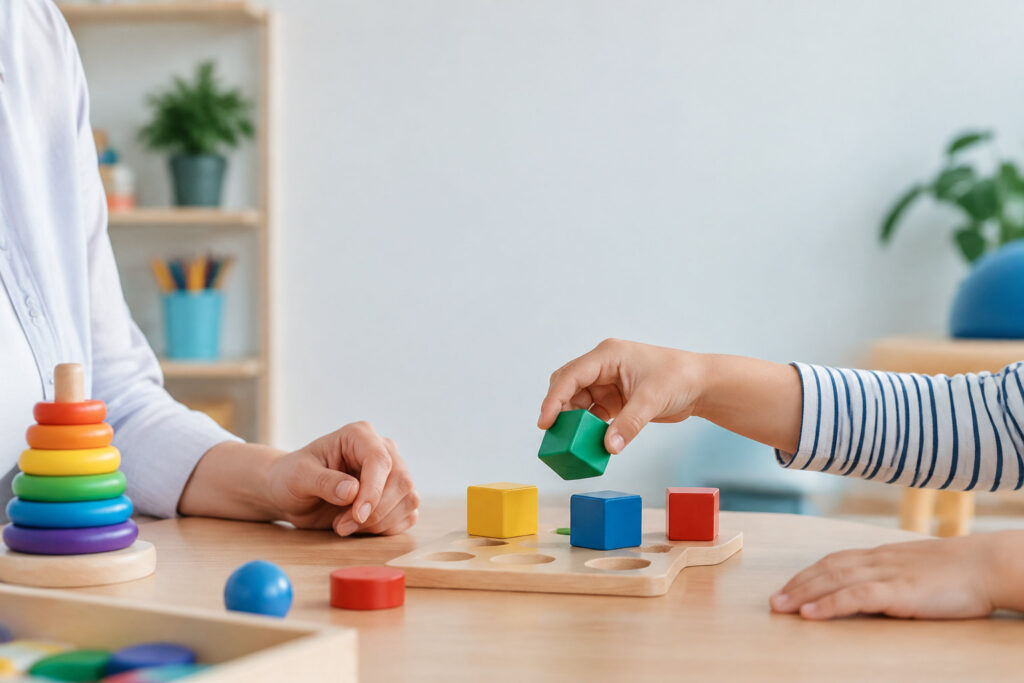 Un enfant place un cube en bois dans une forme, supervisé par un ergothérapeute lors d'une séance de motricité.