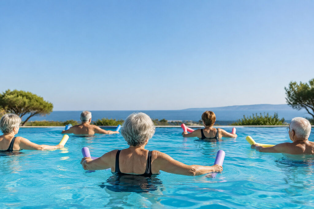 Groupe de seniors faisant de l'aquagym avec des frites en mousse dans une piscine avec vue sur la mer.