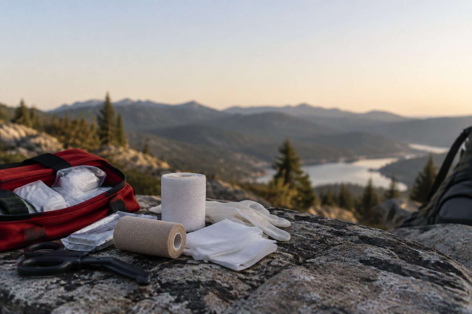 Matériel médical et trousse de secours posés sur un rocher avec une vue sur un lac de montagne au coucher du soleil.