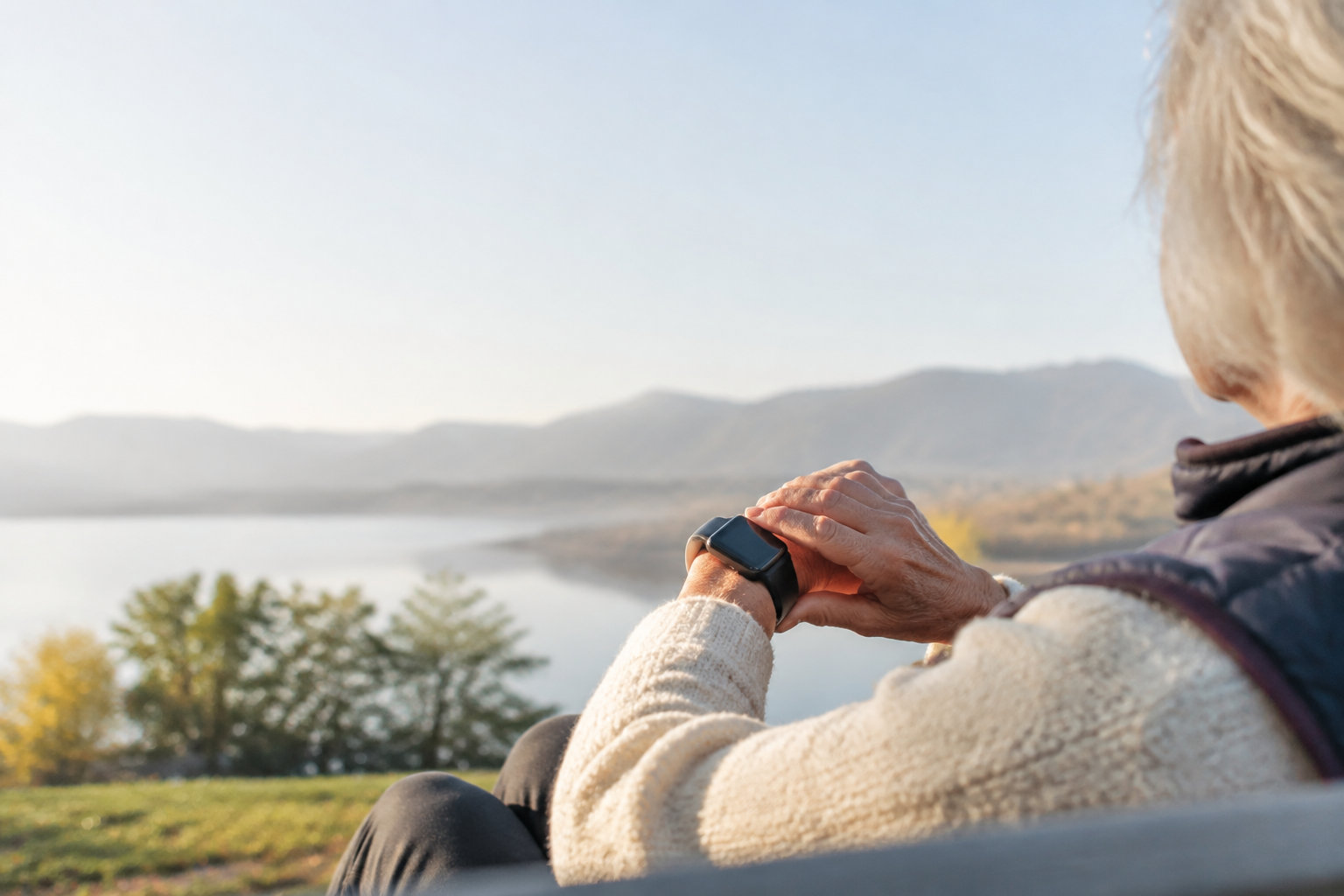 Une personne âgée avec les cheveux gris portant une montre connectée noire face à un lac et des montagnes.