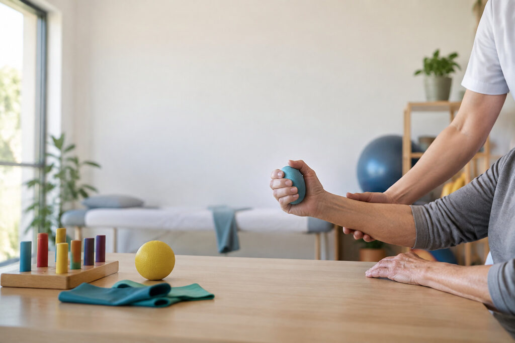Un ergothérapeute aide une personne âgée à faire des exercices de rééducation de la main avec une balle en mousse.