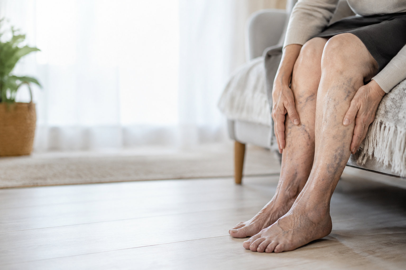 Gros plan sur les jambes d'une personne âgée assise, présentant des varicosités visibles et une peau marbrée.