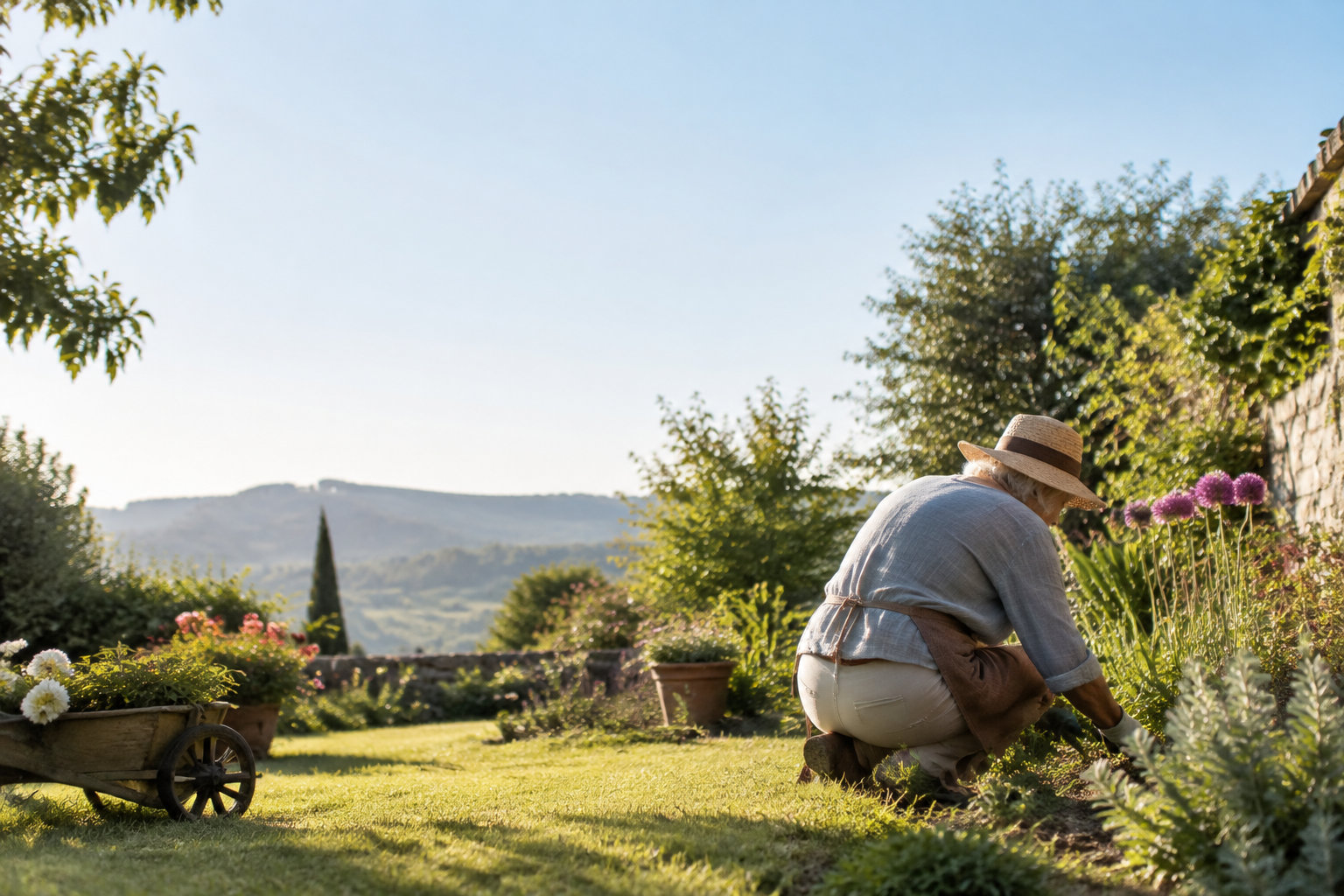Une personne âgée avec un chapeau de paille jardine dans son jardin ensoleillé avec une brouette en bois à côté.