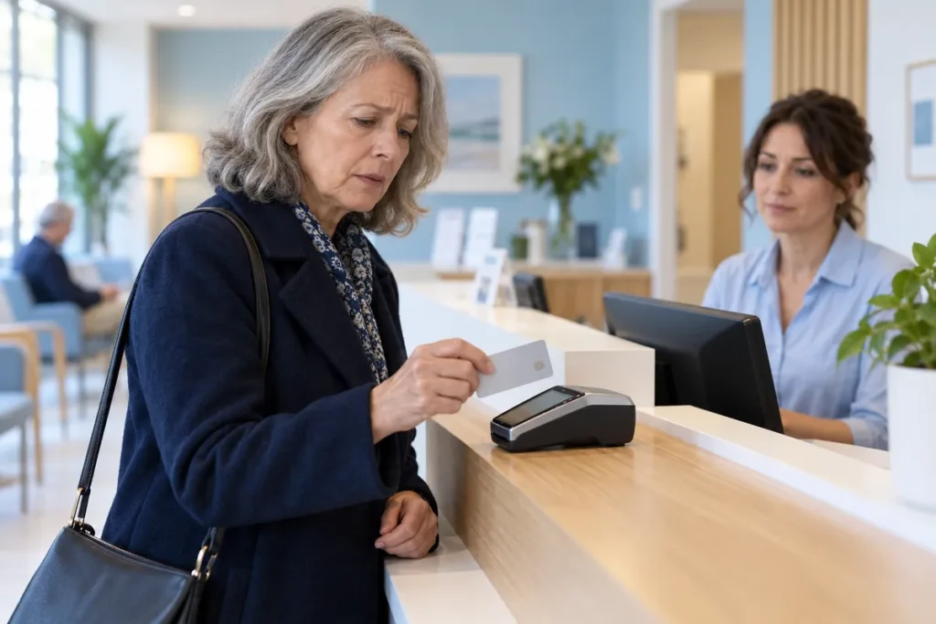 Une patiente aux cheveux gris hésite, carte bancaire en main, devant le terminal de paiement à l’accueil d’un cabinet médical.