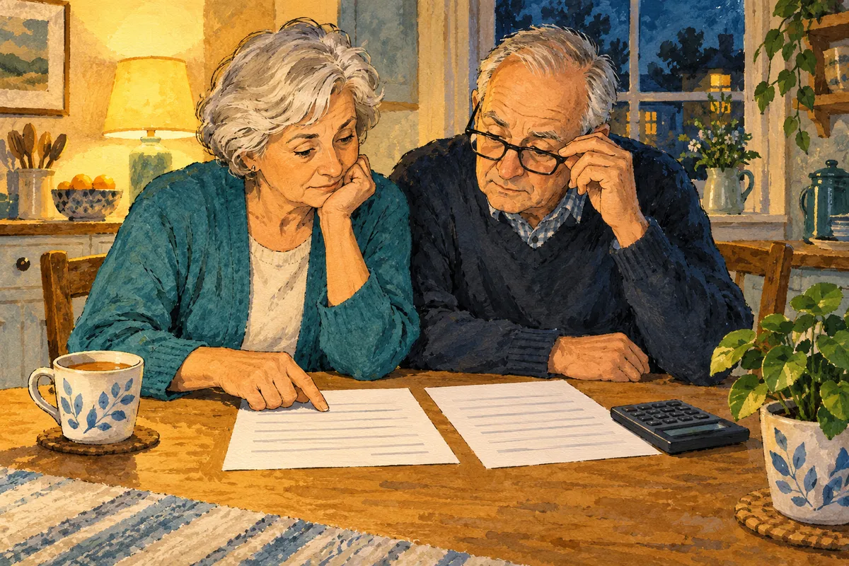 Illustration d’un couple de retraités qui compare deux documents à la table de la cuisine, une calculatrice à côté.
