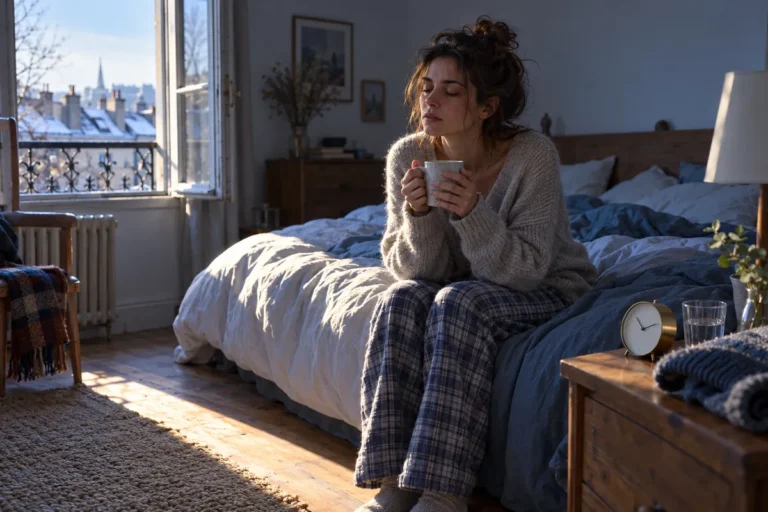 Une femme d’une trentaine d’années, les yeux mi-clos, est assise au bord d’un lit défait et tient une tasse à deux mains