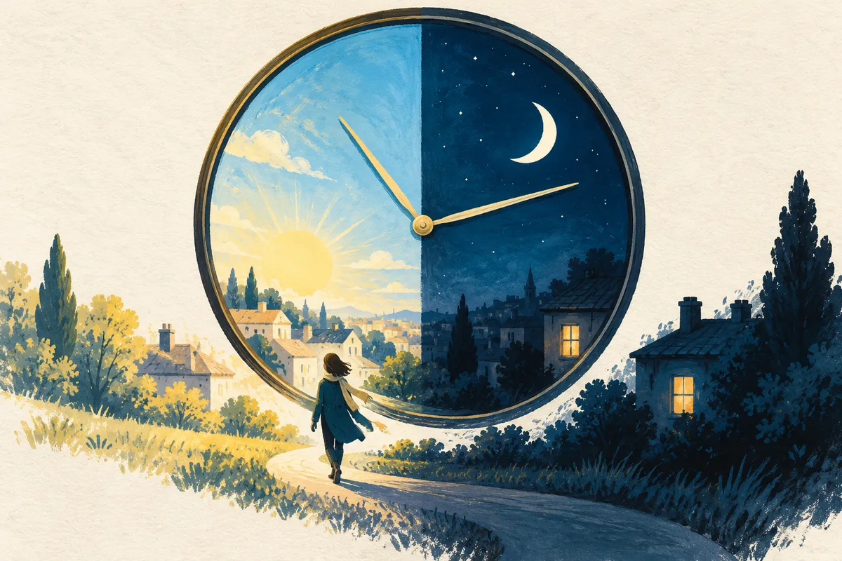 Illustration à la gouache d’une grande horloge sans chiffres dont la moitié gauche montre un ciel de matin avec un soleil levant et la moitié droite un ciel de nuit avec un croissant de lune ; une petite silhouette marche sur un chemin de la nuit vers le jour.
