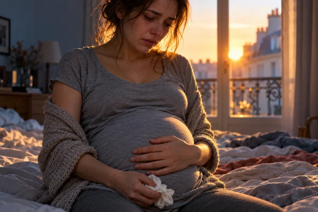 Une femme enceinte en t-shirt gris, assise sur un lit défait, regarde son ventre d’un air triste, une main posée dessus et un mouchoir froissé dans l’autre, devant une porte-fenêtre traversée par la lumière orangée du lever du soleil.