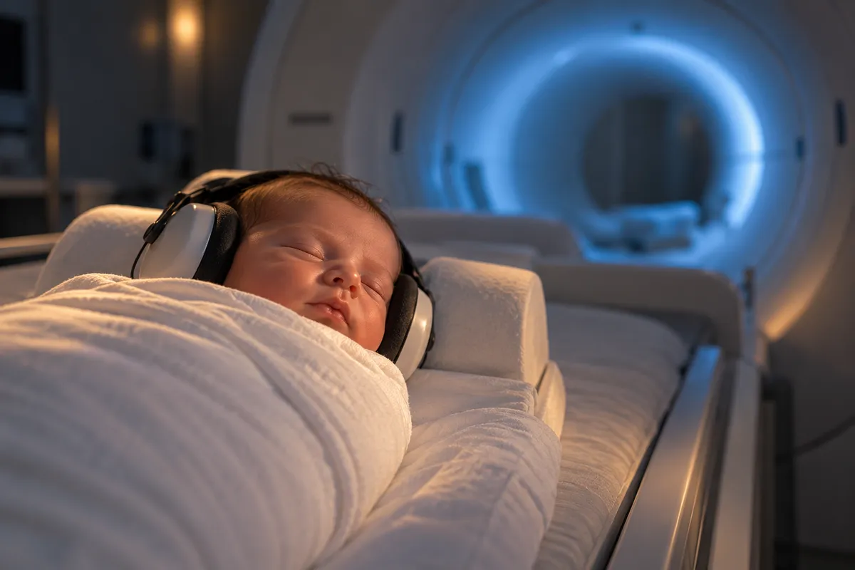 Un bébé de quelques semaines, emmailloté dans une couverture blanche et coiffé d’un casque antibruit, dort paisiblement sur la table rembourrée d’un appareil d’IRM dont l’anneau éclairé en bleu se devine en arrière-plan.