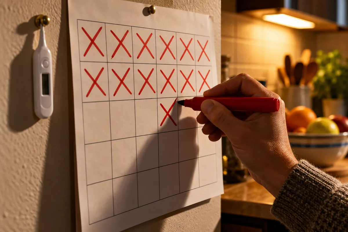 Une main barre au feutre rouge une case de plus sur un calendrier mural, à côté d'un thermomètre électronique accroché à une punaise.