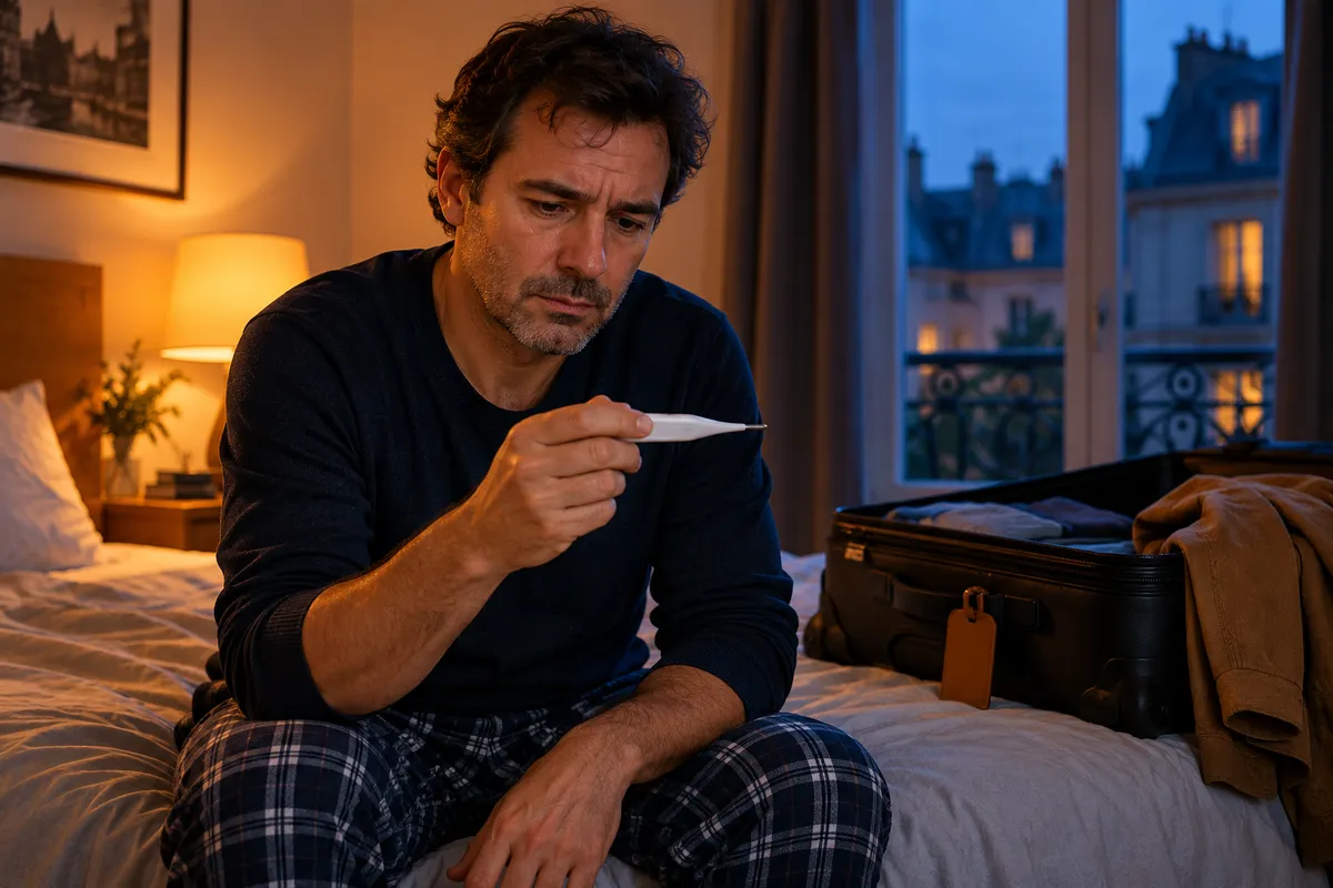 Assis au bord de son lit le soir, à côté d'une valise ouverte, un voyageur de retour chez lui lit son thermomètre électronique avec attention.
