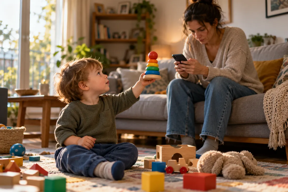 Un enfant d’environ deux ans assis sur un tapis tend une pyramide d’anneaux en bois vers sa mère, assise sur le canapé derrière lui et penchée sur son smartphone, sans le regarder.