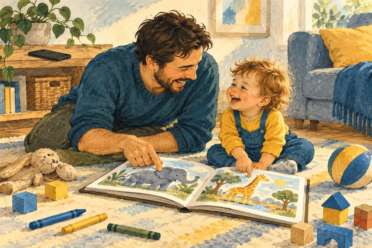 Illustration à la gouache d’un père allongé sur un tapis qui lit un grand album illustré avec un enfant d’environ deux ans, tous deux souriants ; son smartphone est posé sur une étagère derrière eux, au milieu de jouets en bois et de crayons.
