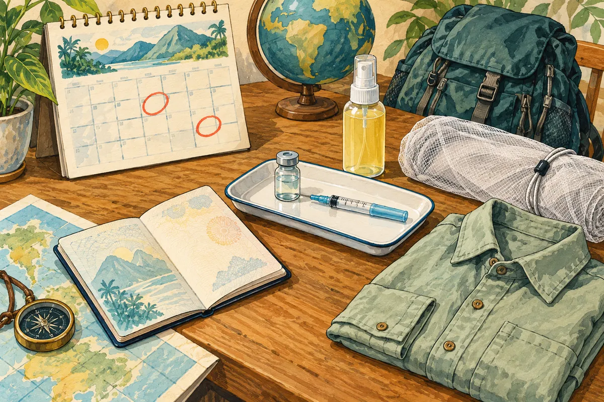 Illustration d’une table en bois avec un calendrier aux deux dates entourées, un flacon de vaccin et une seringue sur un plateau, un spray anti-moustiques, une moustiquaire roulée, une chemise pliée et un sac à dos.