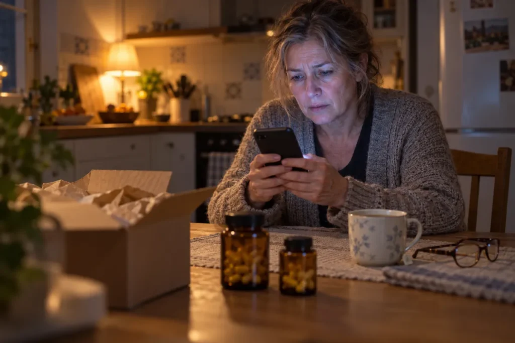 Une femme d’une cinquantaine d’années, assise le soir à la table de sa cuisine, regarde son smartphone d’un air préoccupé ; devant elle, un carton de livraison ouvert, deux flacons ambrés de gélules sans étiquette, une tasse et ses lunettes.