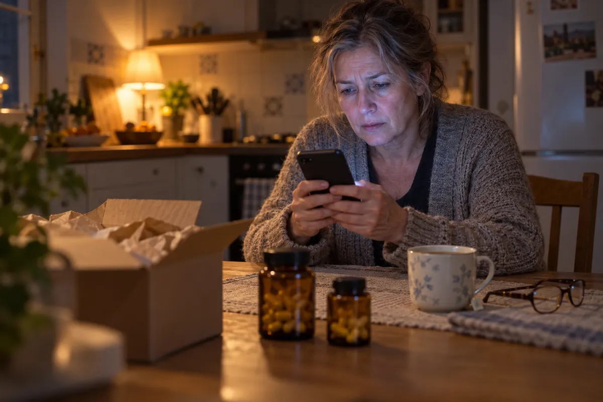 Une femme d’une cinquantaine d’années, assise le soir à la table de sa cuisine, regarde son smartphone d’un air préoccupé ; devant elle, un carton de livraison ouvert, deux flacons ambrés de gélules sans étiquette, une tasse et ses lunettes.