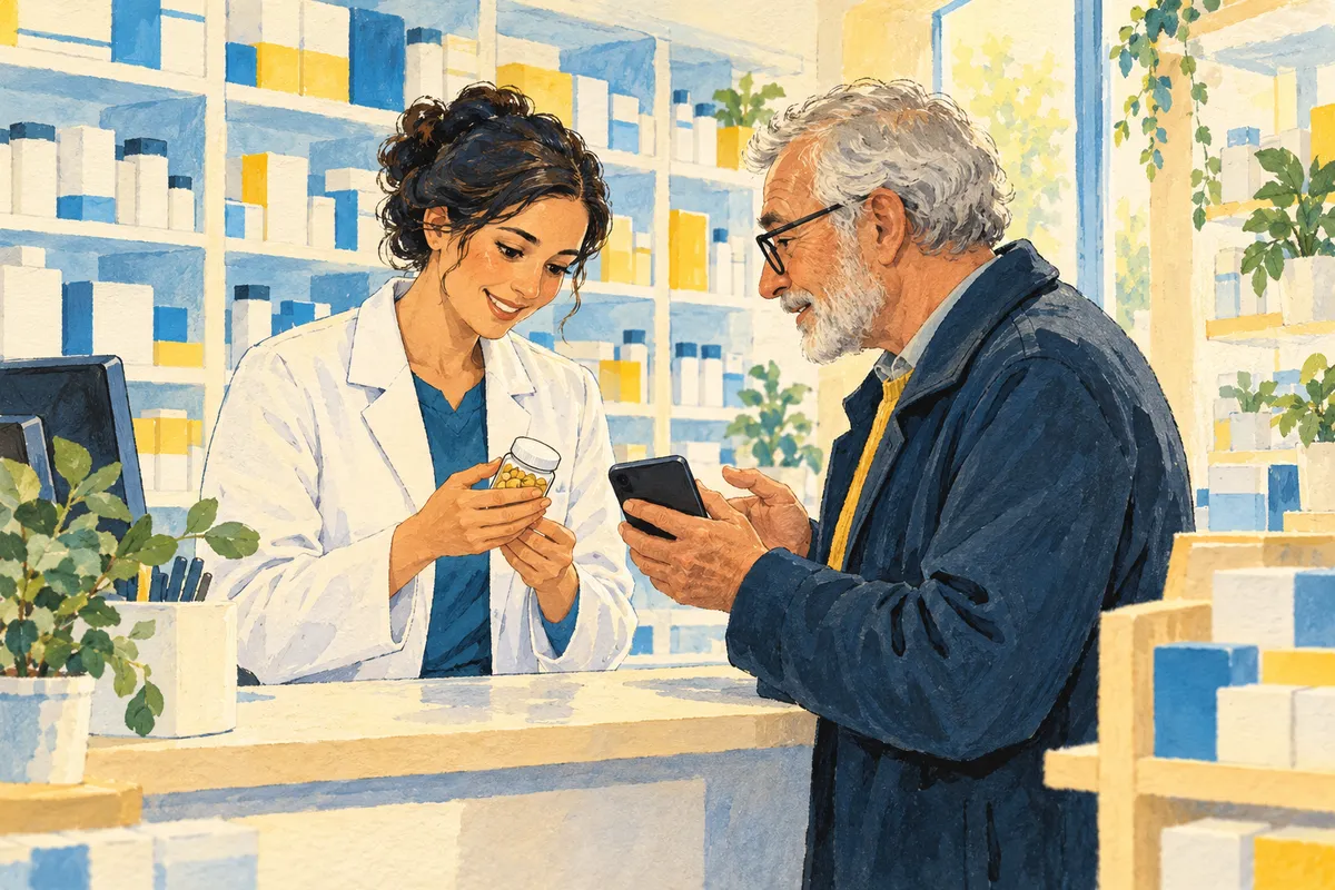Illustration à la gouache : dans une pharmacie lumineuse, une pharmacienne souriante en blouse blanche examine un petit flacon de gélules qu’un homme âgé lui a apporté, pendant qu’il tient son smartphone.