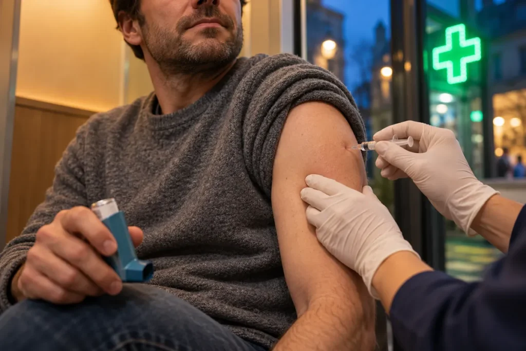 Gros plan sur le bras nu d’un homme en pull gris : une main gantée y enfonce une seringue de vaccin, tandis que l’homme tient un inhalateur bleu dans son autre main ; derrière la vitre, la croix verte lumineuse d’une pharmacie se détache sur une rue bleutée au crépuscule.
