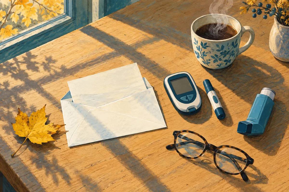 Illustration à la gouache d’une table de cuisine vue de dessus, au soleil d’automne : une enveloppe ouverte d’où dépasse une lettre, une feuille jaune, un lecteur de glycémie et son stylo autopiqueur, un inhalateur bleu, une paire de lunettes et une tasse fumante.
