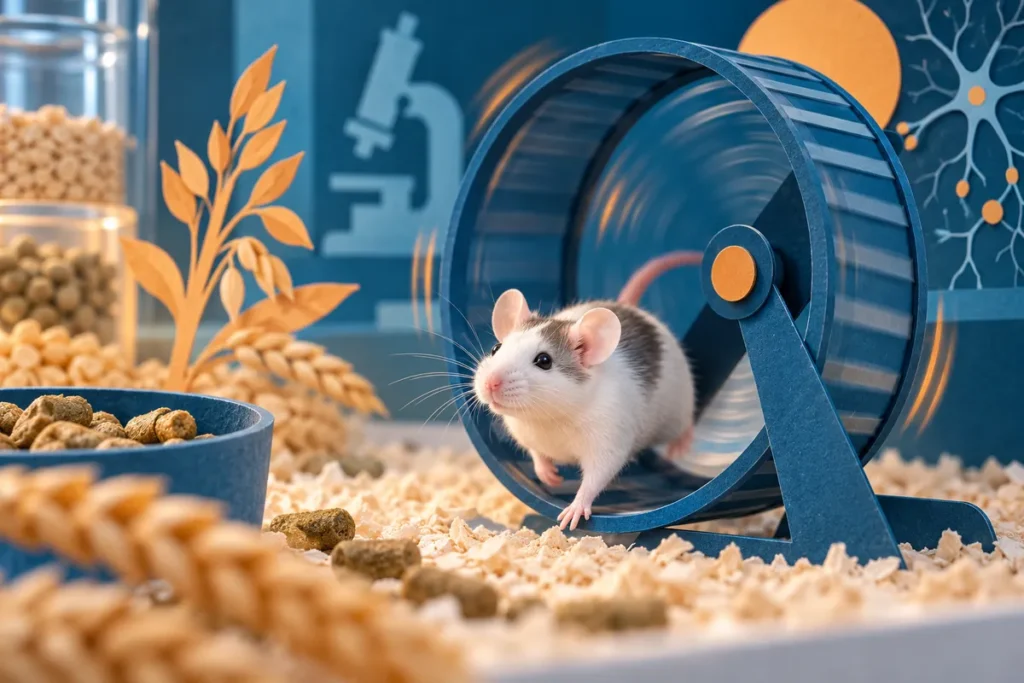 Une petite souris près d’une roue libre, avec des aliments de laboratoire en arrière-plan.