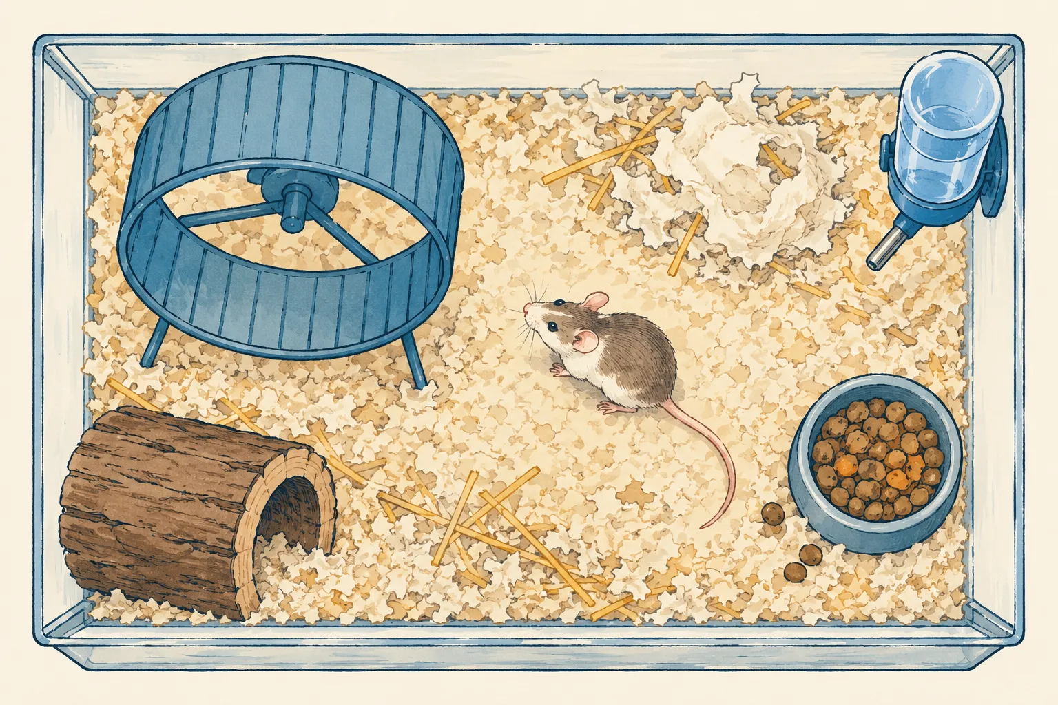 Observer une activité spontanée Vue dessinée de dessus d’une souris et de sa roue libre dans un espace de recherche.