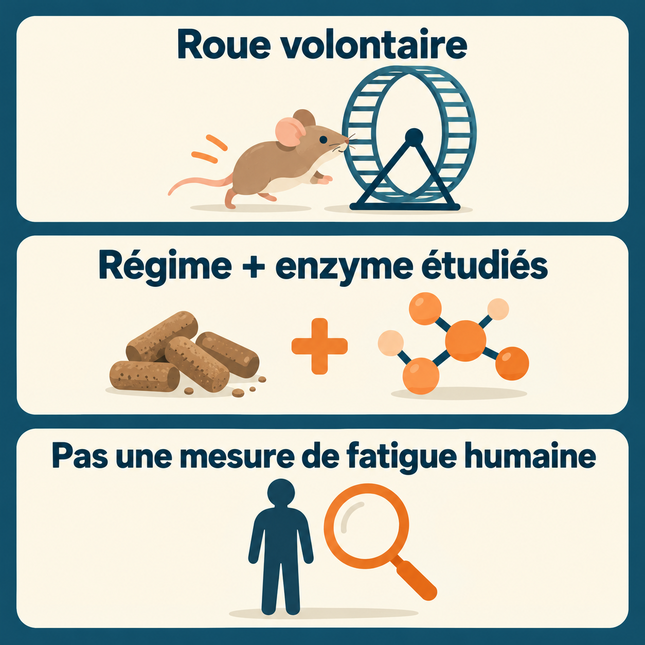 Ce que mesure l’expérience Trois repères : roue volontaire, régime et enzyme étudiés, pas une mesure de fatigue humaine.