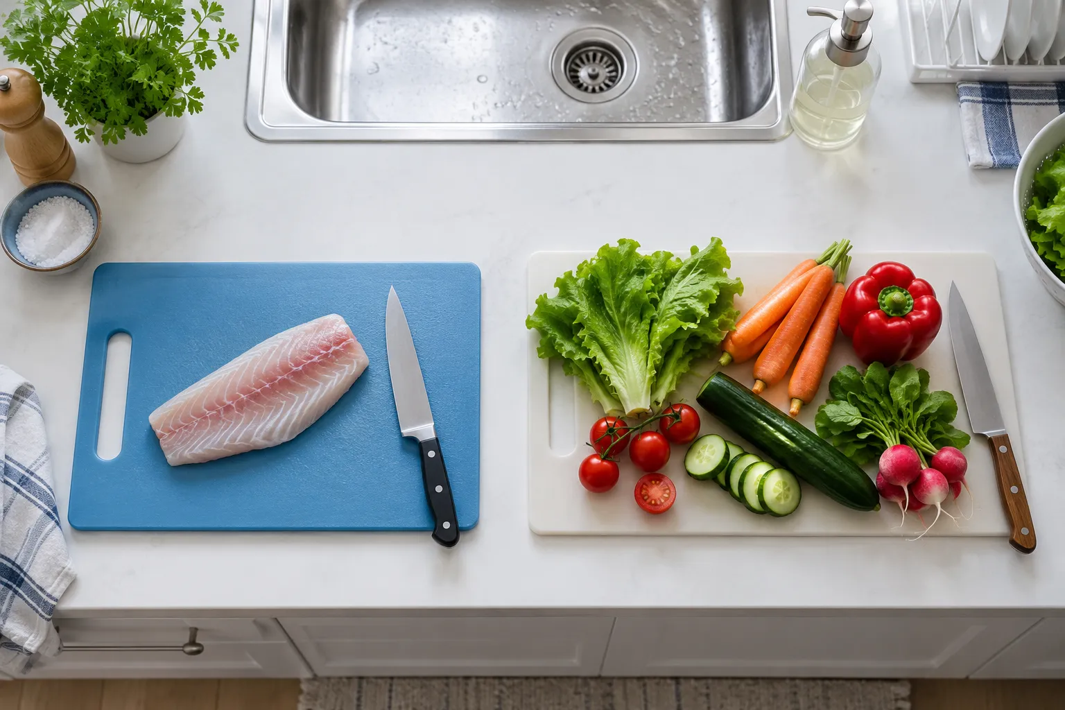 Deux planches et deux couteaux séparés pour le poisson cru et les légumes dans une cuisine domestique.