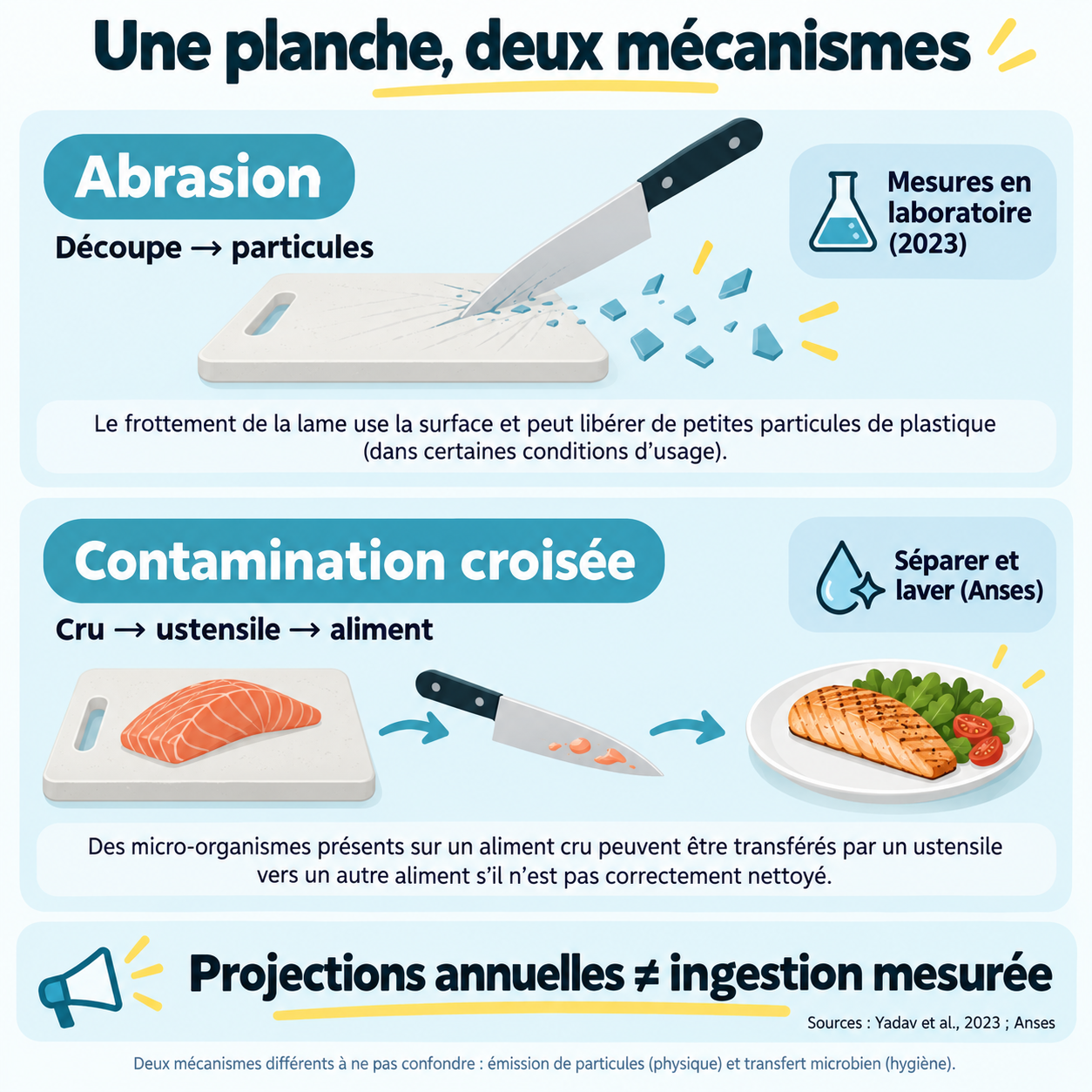 Deux mécanismes distincts : abrasion de la planche pendant la découpe et contamination croisée par les aliments ou les ustensiles. Les projections annuelles ne sont pas une ingestion mesurée.