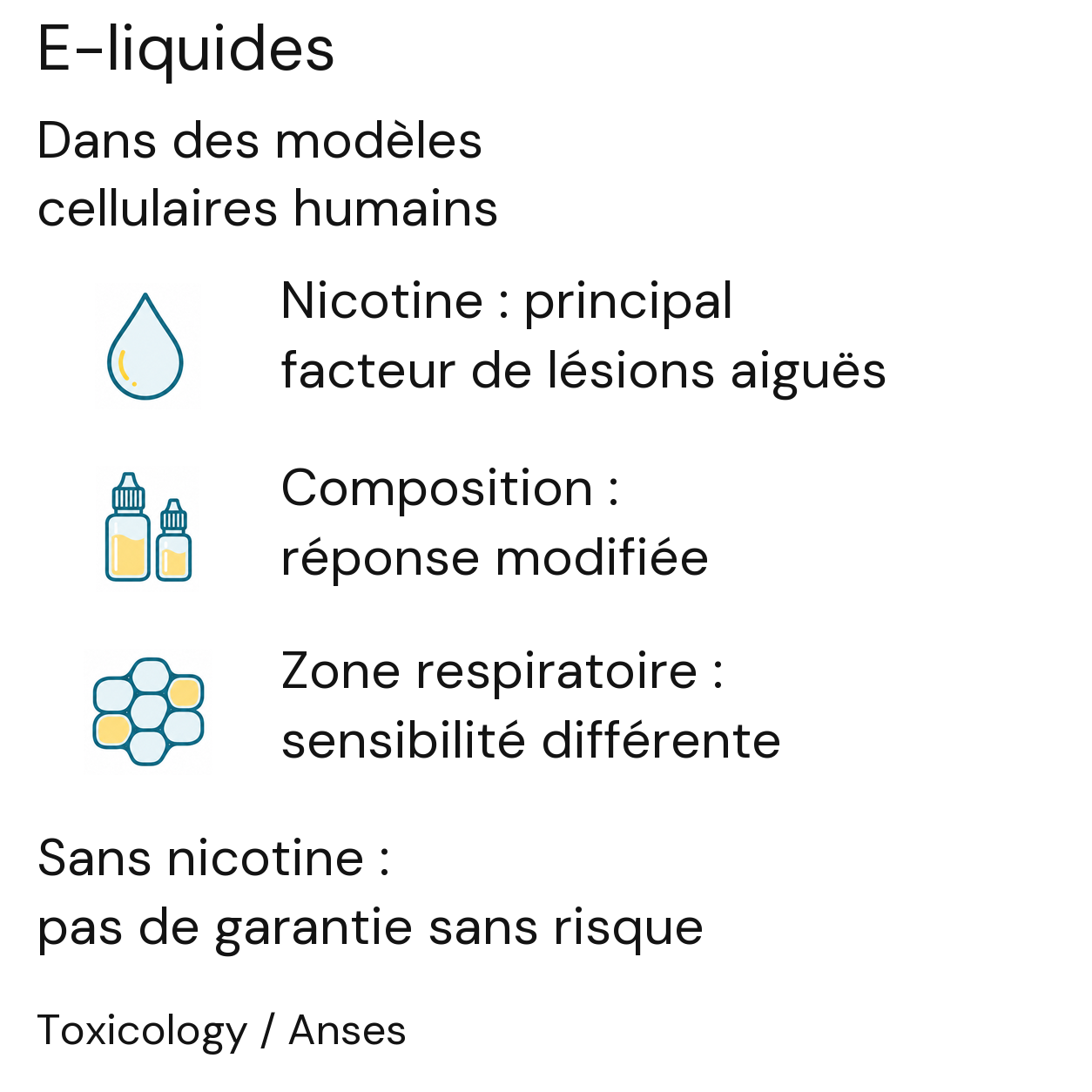 Dans les modèles cellulaires de Toxicology, la nicotine, la composition et la région respiratoire modifient la réponse. Sans nicotine ne signifie pas sans risque selon l’Anses.