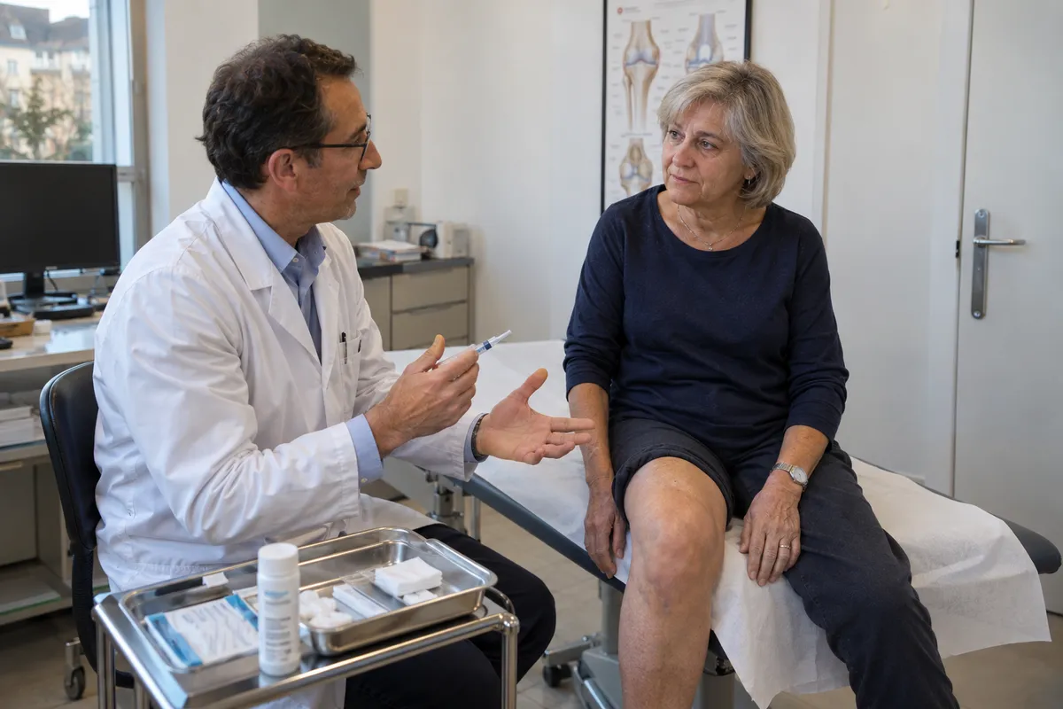 Consultation médicale autour d’un genou et d’une option injectable