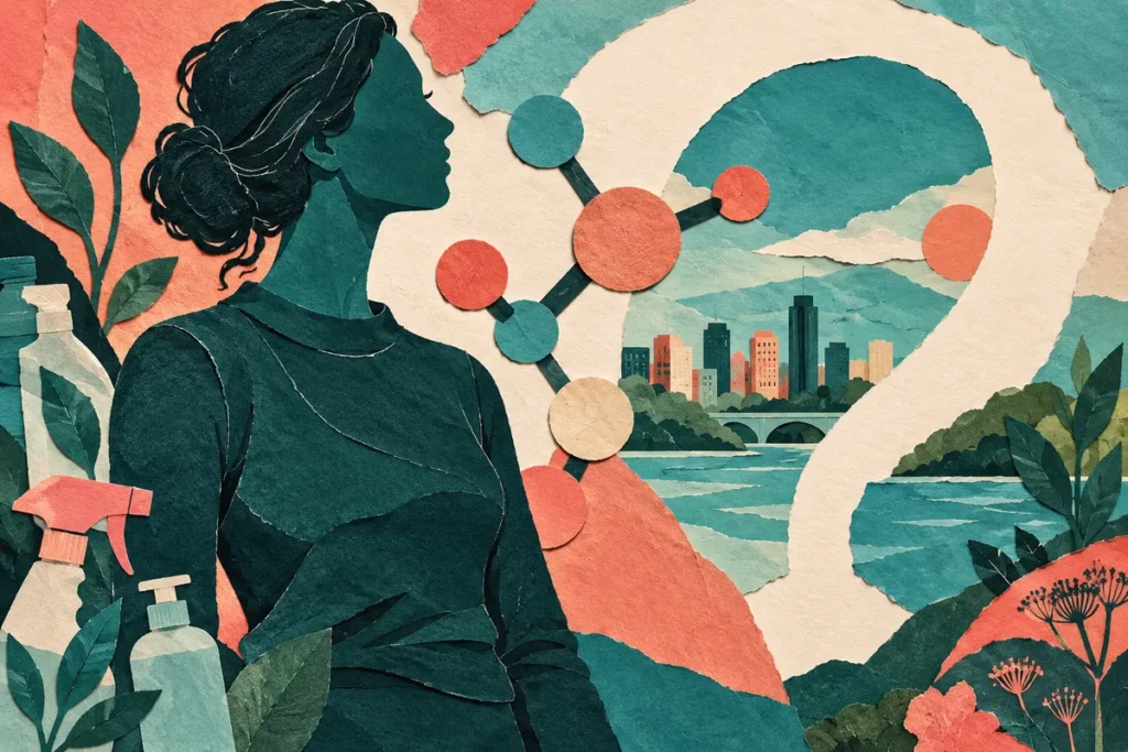 Composition dessinée autour du corps féminin, des substances et de l’environnement.