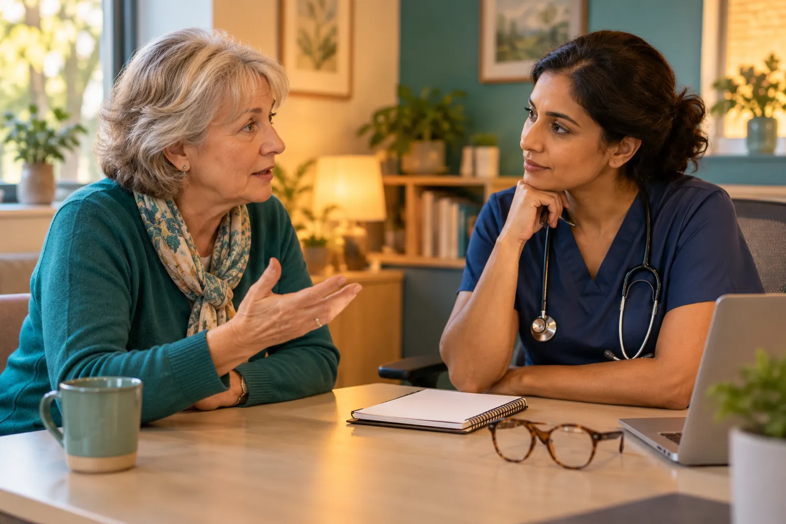 Une femme échange avec un professionnel de santé au bureau de consultation.