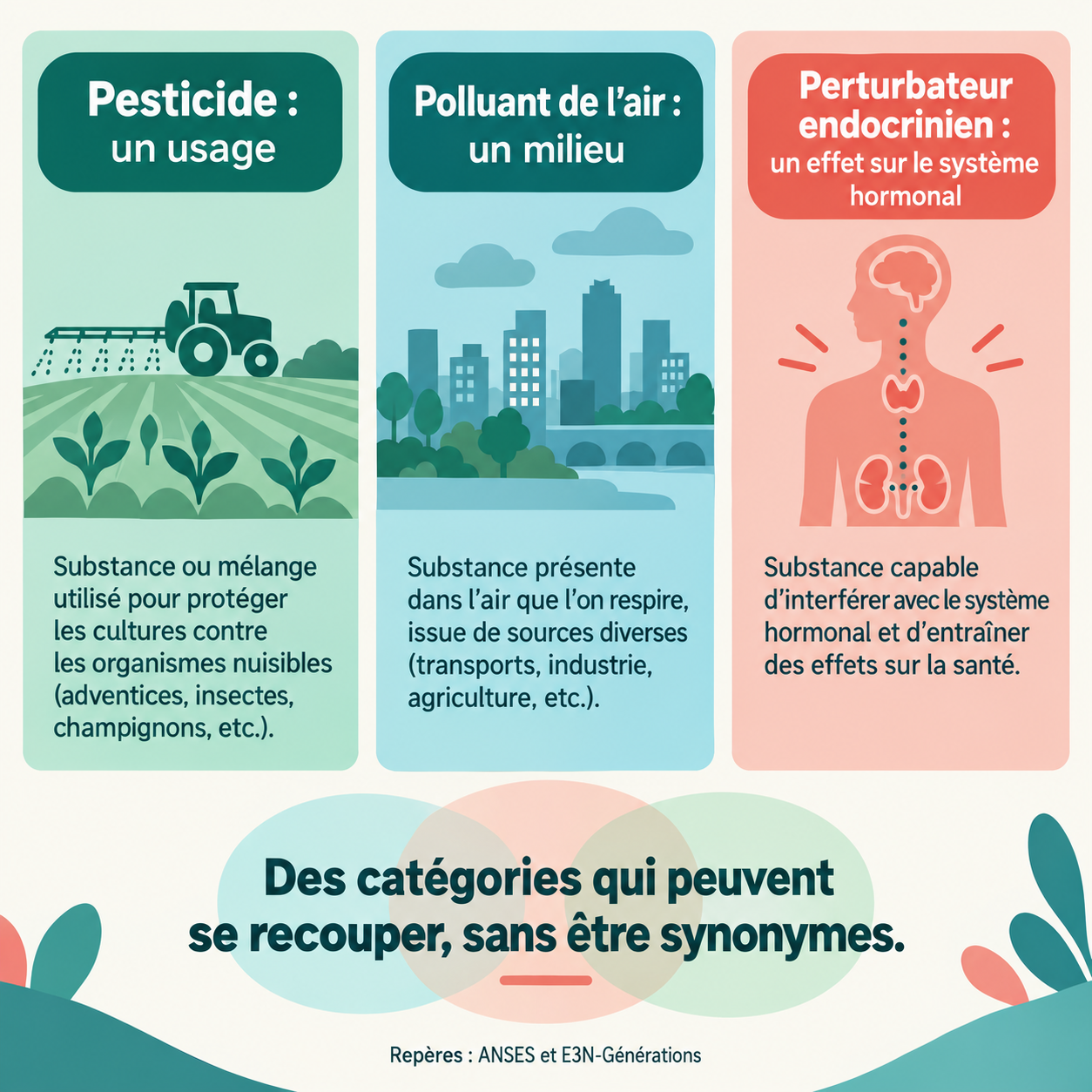 Pesticide désigne un usage, polluant atmosphérique un milieu, et perturbateur endocrinien un effet sur le système hormonal.