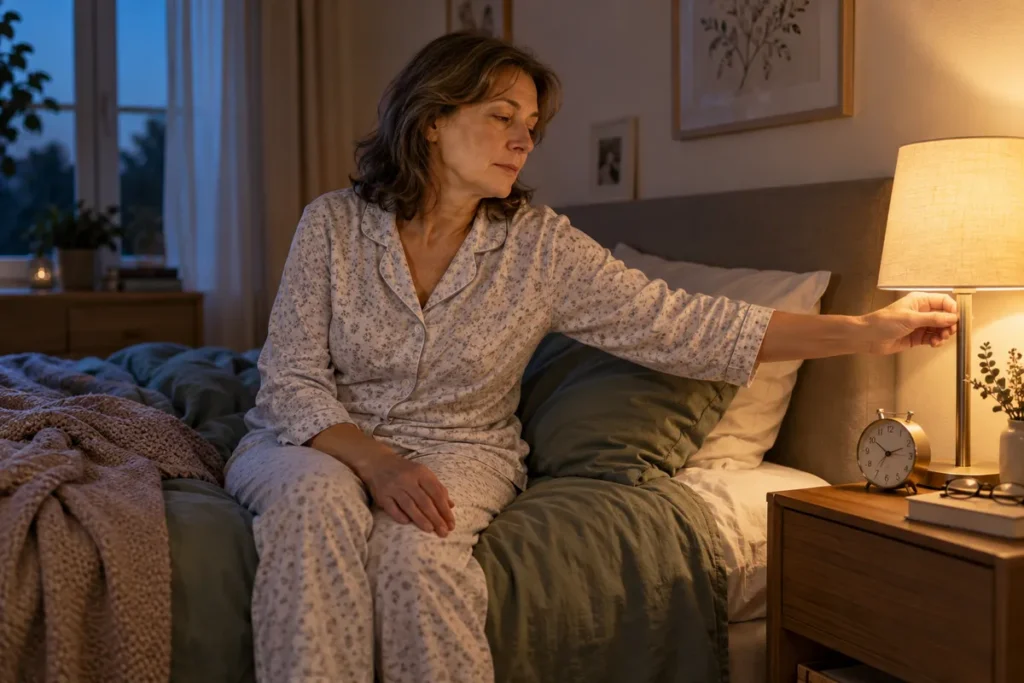 Femme au bord du lit, près de la lampe de chevet dans une chambre le soir.