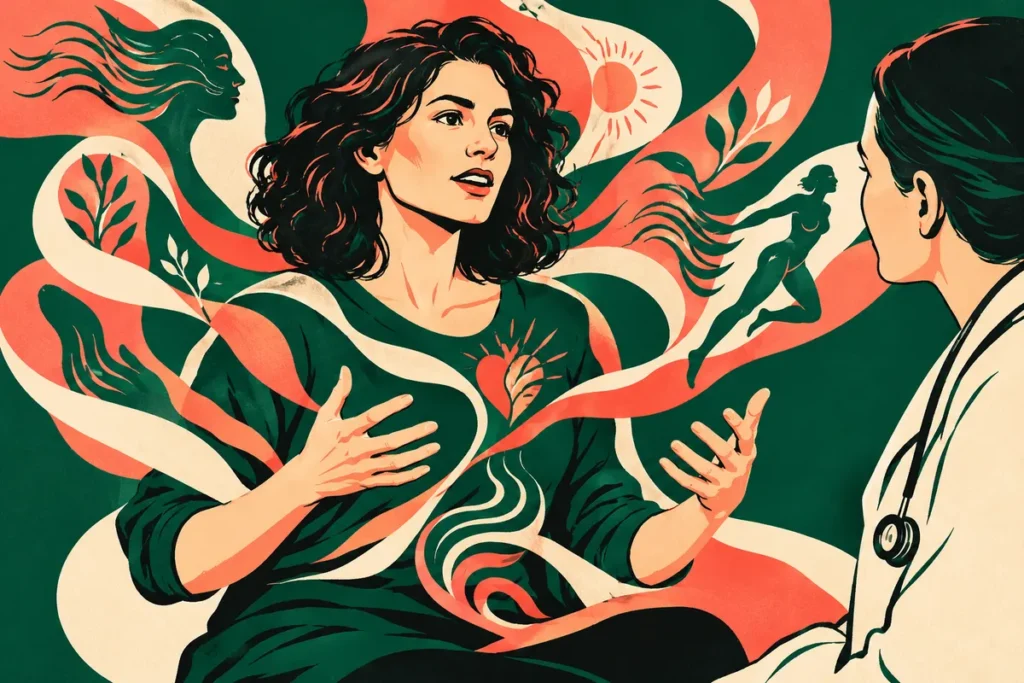 Illustration d’une femme et d’un professionnel de santé en échange lors d’une consultation.