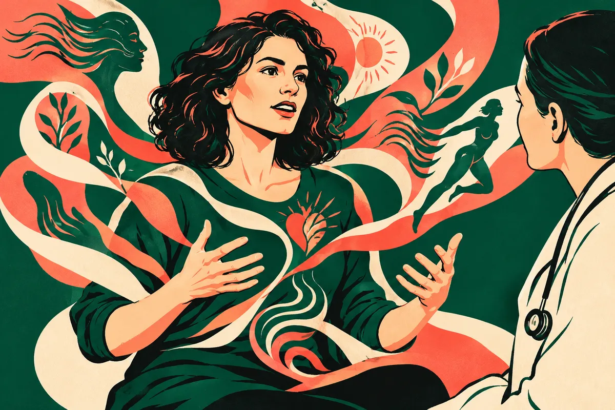 Illustration d’une femme et d’un professionnel de santé en échange lors d’une consultation.