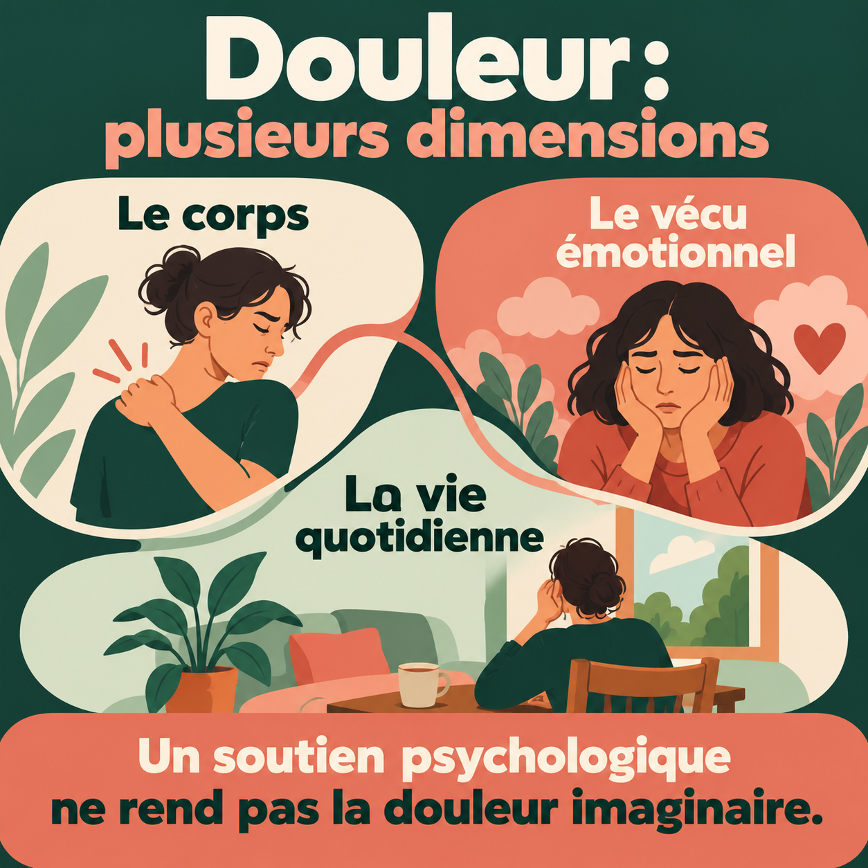 Schéma des dimensions physiques, psychologiques et sociales prises en compte dans le parcours de la douleur chronique.