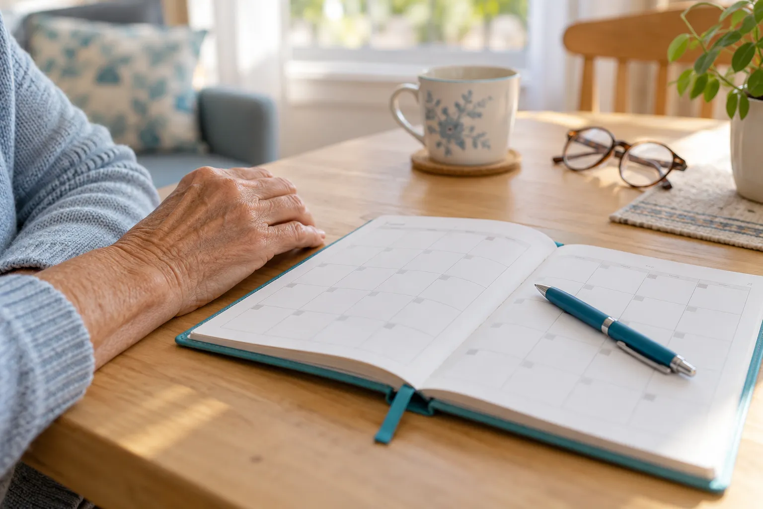 Agenda papier ouvert avec un stylo et une main posée près des pages.