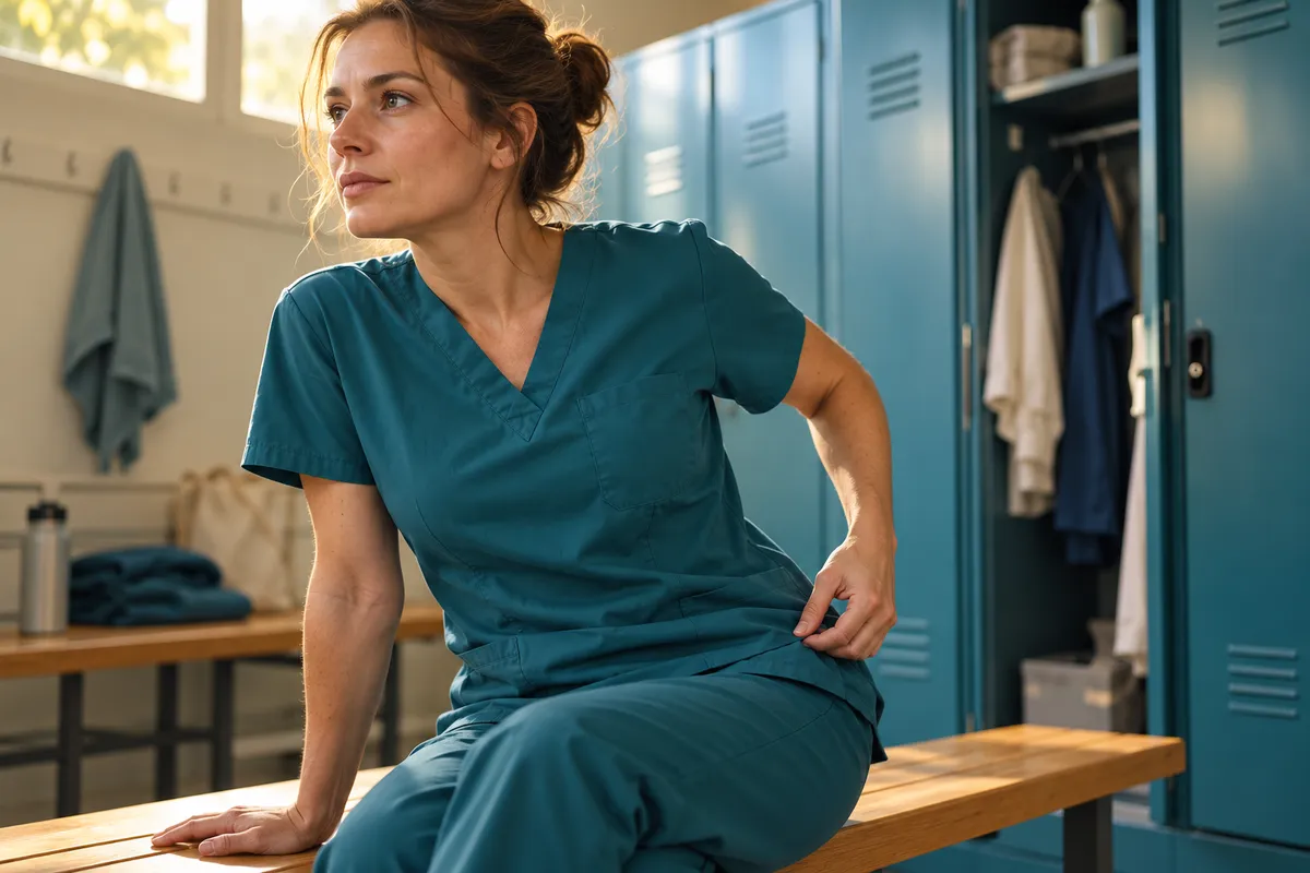 Une soignante ajuste sa tenue dans un vestiaire professionnel.