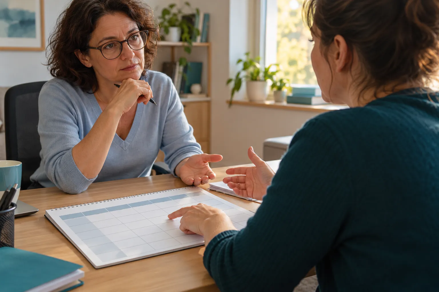 Une salariée et une professionnelle de santé échangent autour d’un planning posé sur un bureau.