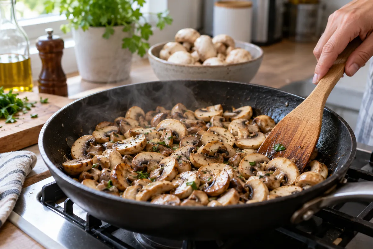 Champignons de Paris dans une poêle, avec une spatule en bois.