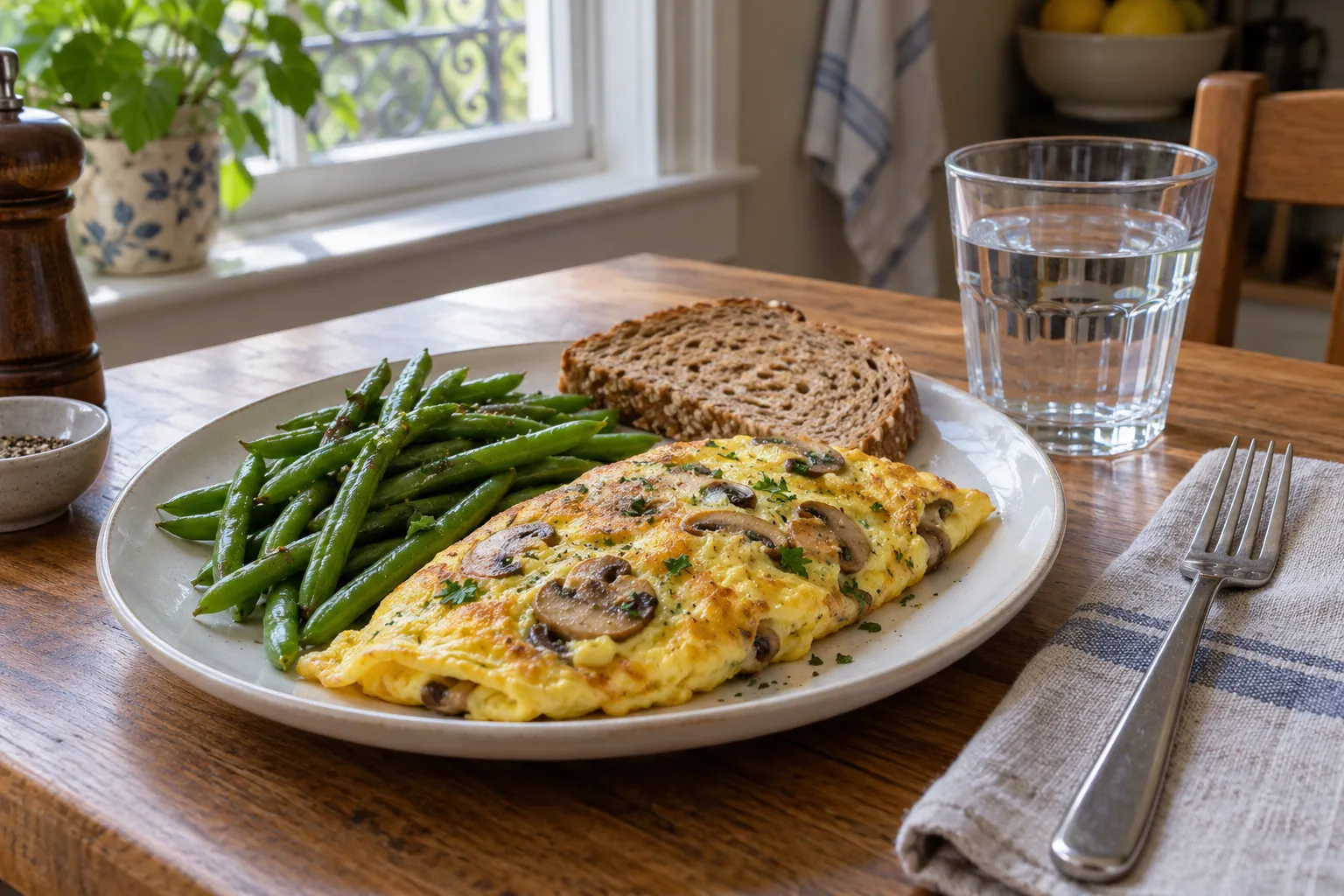 Assiette avec omelette aux champignons, haricots verts et pain complet.