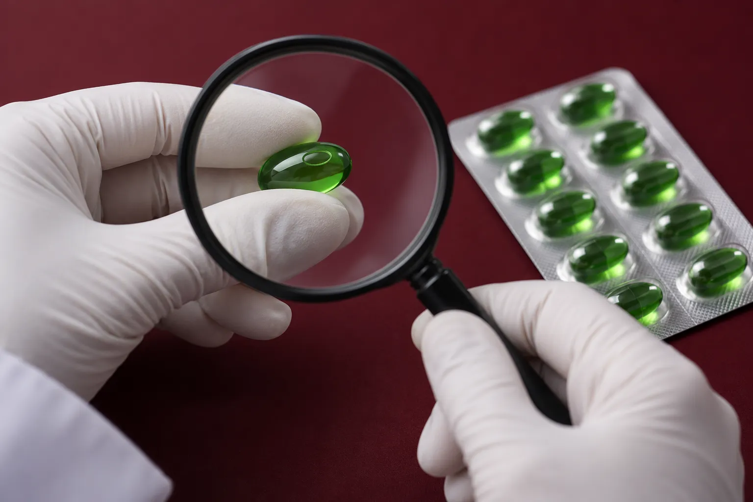 Examen de l’inscription d’une capsule pour illustrer la lisibilité du dosage.