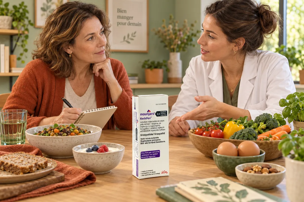 Échange autour de l’alimentation dans une consultation, avec une boîte de médicament et des aliments variés sur la table.
