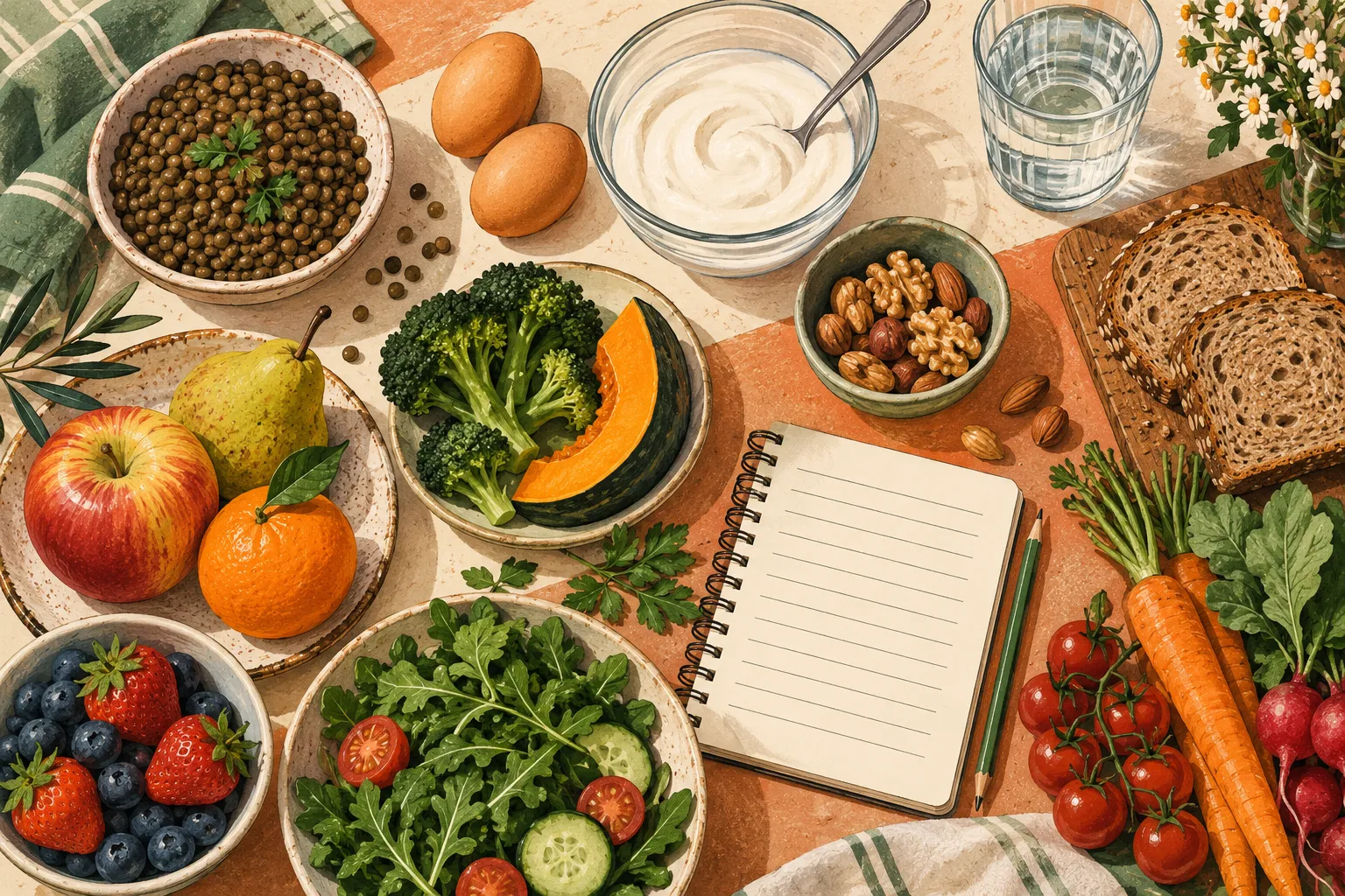 Illustration d’aliments variés disposés sur une table : légumineuses, œufs, yaourt, pain, fruits et légumes.