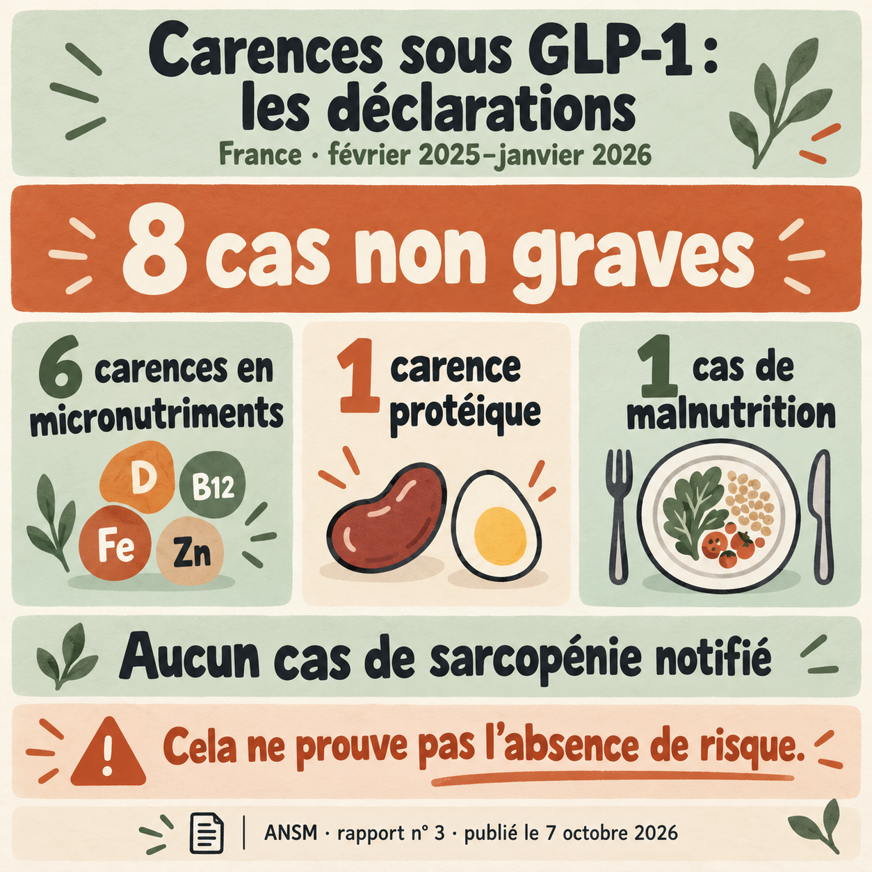 Huit cas non graves notifiés en France : six carences en micronutriments, une carence protéique et un cas de malnutrition. Aucun cas de sarcopénie notifié, ce qui ne prouve pas l’absence de risque.
