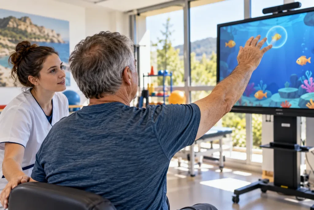Un adulte mobilise un bras devant un écran interactif avec un professionnel à proximité.