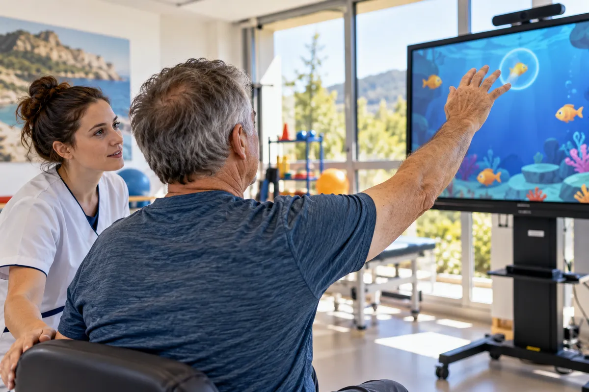 Un adulte mobilise un bras devant un écran interactif avec un professionnel à proximité.