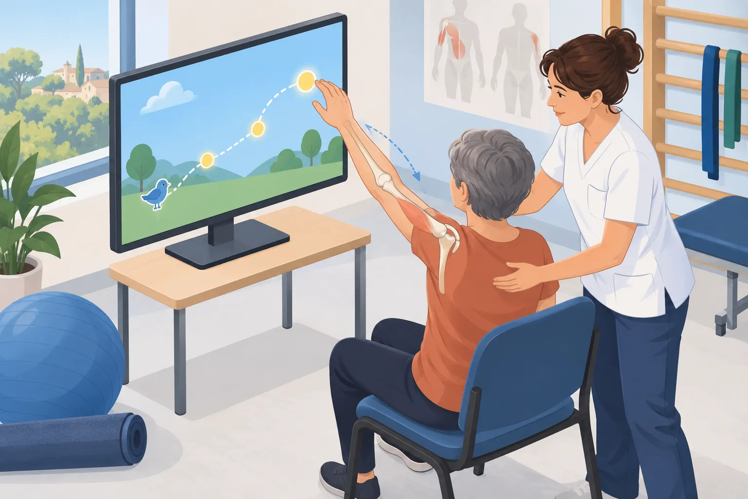 Schéma dessiné d’une personne assise mobilisant un bras devant un écran, accompagnée par un professionnel.