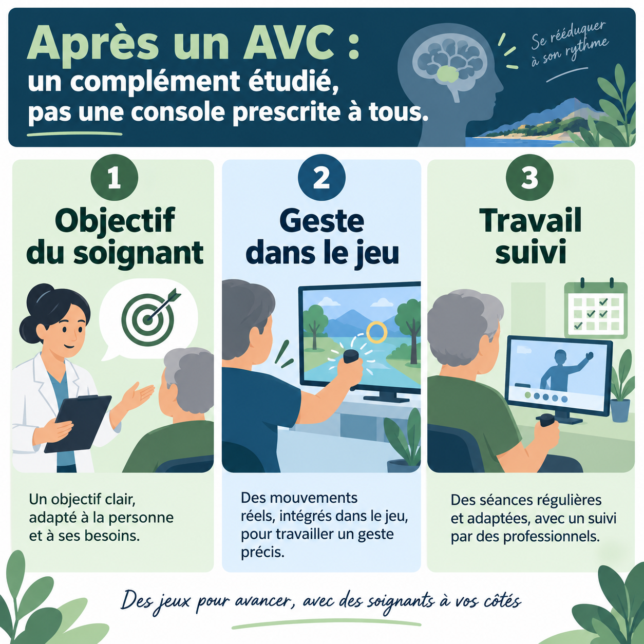 Un objectif défini par le soignant, un geste dans le jeu et un travail suivi : trois composantes d’une rééducation utilisant le jeu.